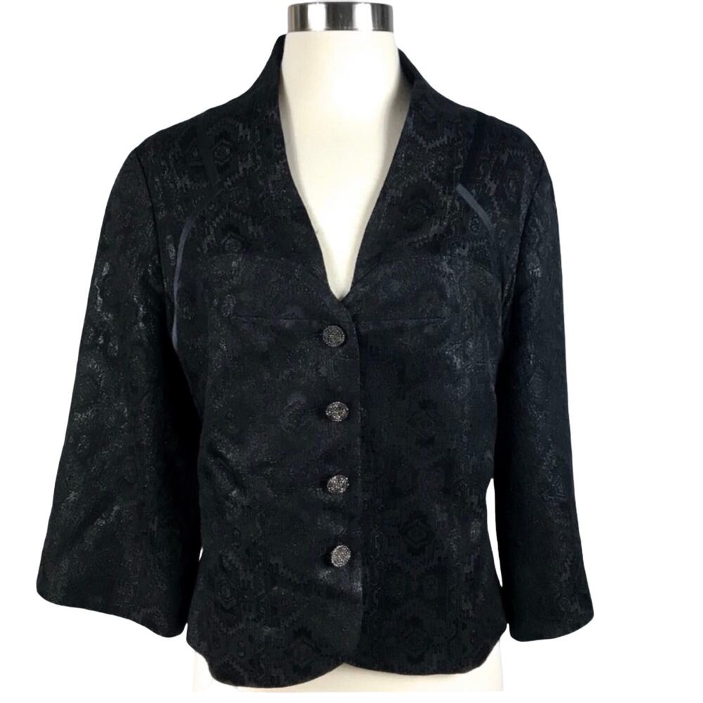 VINTAGE NICOLE MILLER Evening Jacket Jacquard Black Shimmer Rhinestone Med 80s